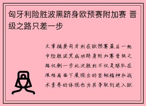 匈牙利险胜波黑跻身欧预赛附加赛 晋级之路只差一步