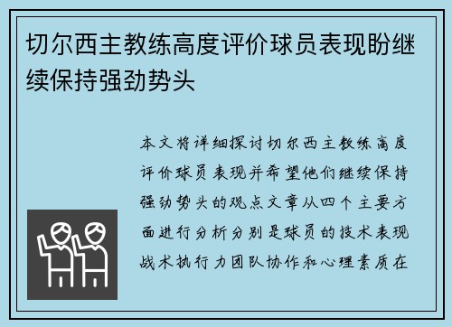 切尔西主教练高度评价球员表现盼继续保持强劲势头