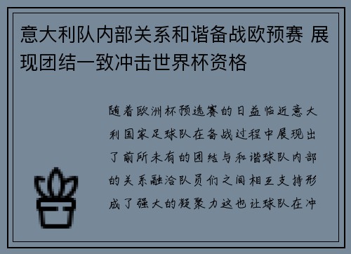 意大利队内部关系和谐备战欧预赛 展现团结一致冲击世界杯资格