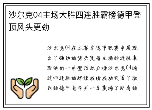 沙尔克04主场大胜四连胜霸榜德甲登顶风头更劲