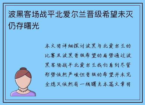 波黑客场战平北爱尔兰晋级希望未灭仍存曙光
