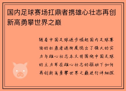 国内足球赛场扛鼎者携雄心壮志再创新高勇攀世界之巅