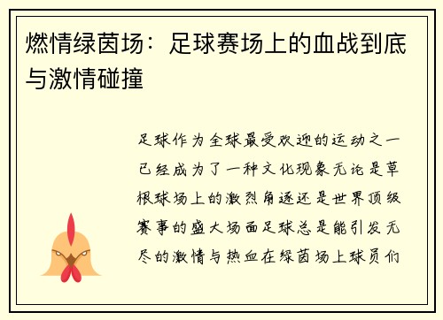 燃情绿茵场：足球赛场上的血战到底与激情碰撞