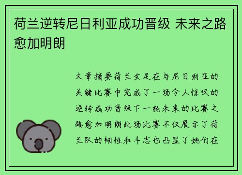 荷兰逆转尼日利亚成功晋级 未来之路愈加明朗