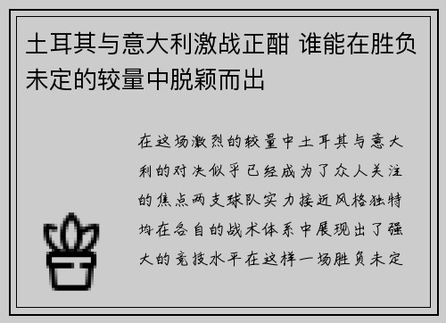 土耳其与意大利激战正酣 谁能在胜负未定的较量中脱颖而出
