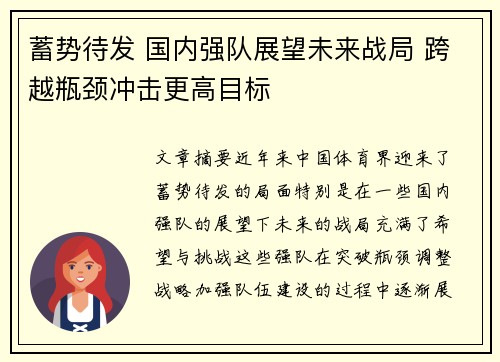 蓄势待发 国内强队展望未来战局 跨越瓶颈冲击更高目标