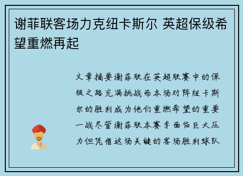 谢菲联客场力克纽卡斯尔 英超保级希望重燃再起