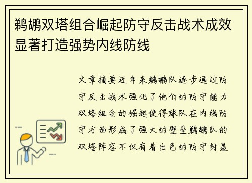 鹈鹕双塔组合崛起防守反击战术成效显著打造强势内线防线
